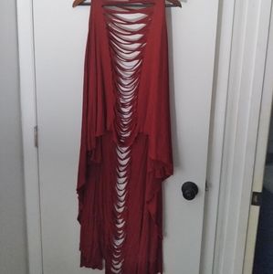 Red distressed long vest